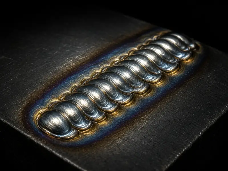 Close-up of a fresh weld bead on thick steel plate